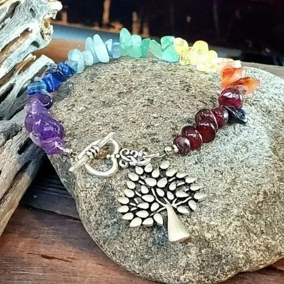 Mindfulness Yoga 7 Chakras Tree of Life Pendant Hand Crafted Gemstone Bracelet - Picture 4 of 7